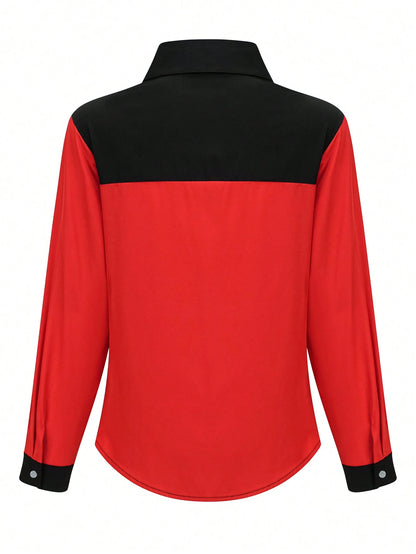 Women Casual Contrast Color Button Front Shirt, Fashionable For Outdoor Daily Wear, Autumn Spring