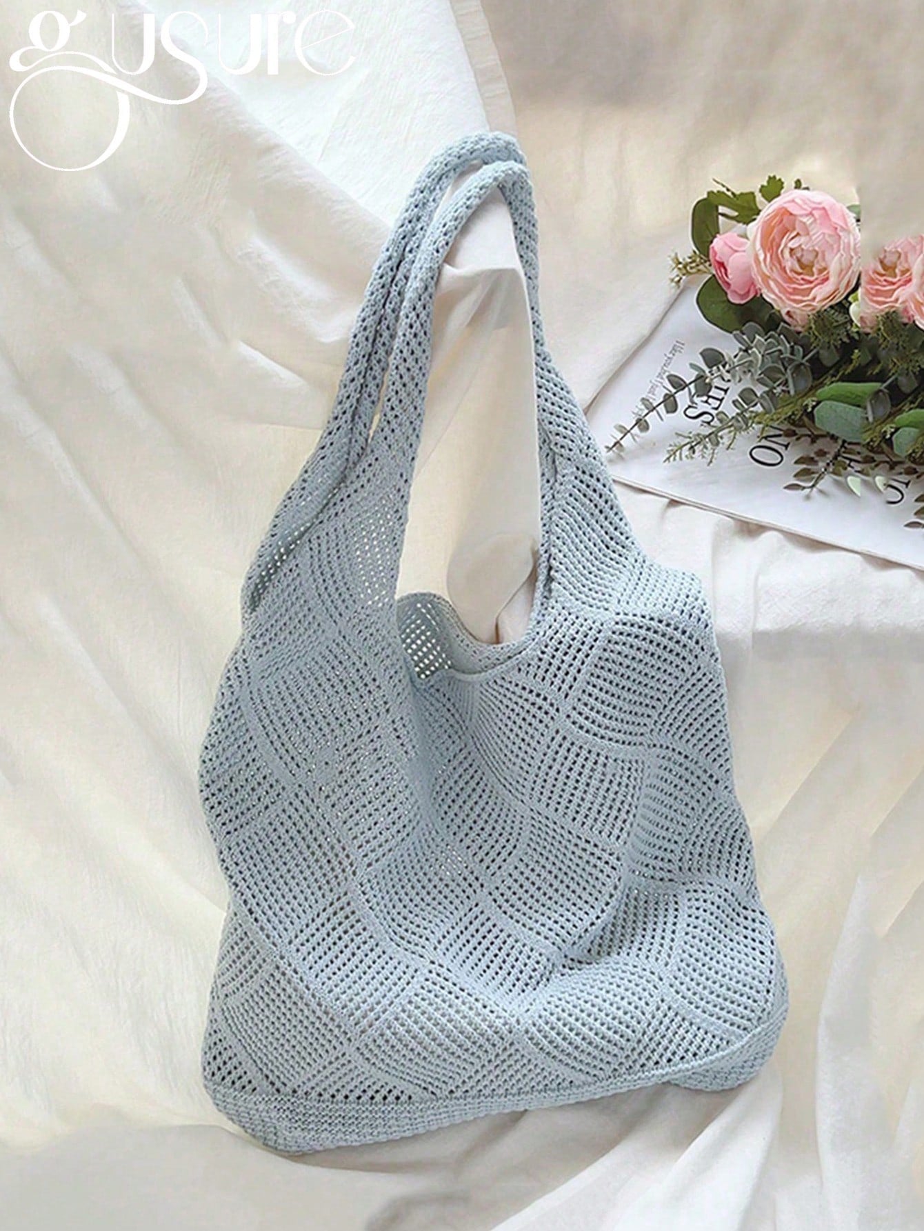 Women Hollow Knitted Shoulder Bag Simple Crochet Handbag Lightweight Casual Hollow Out Pattern Crochet Bag