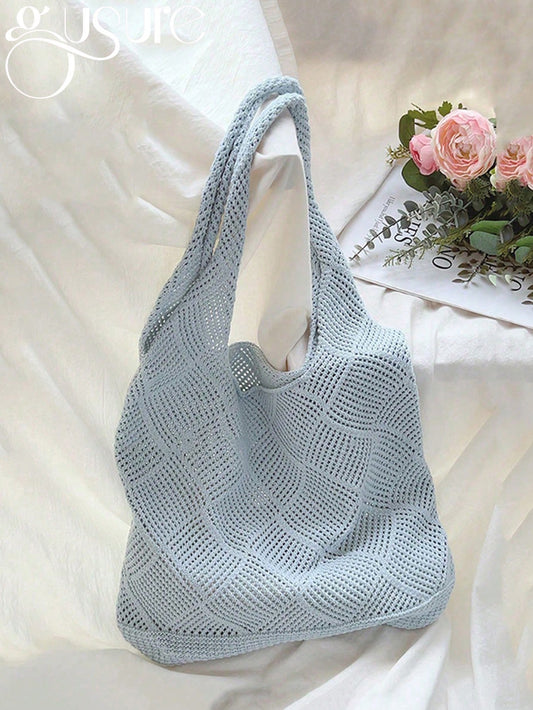 Women Hollow Knitted Shoulder Bag Simple Crochet Handbag Lightweight Casual Hollow Out Pattern Crochet Bag