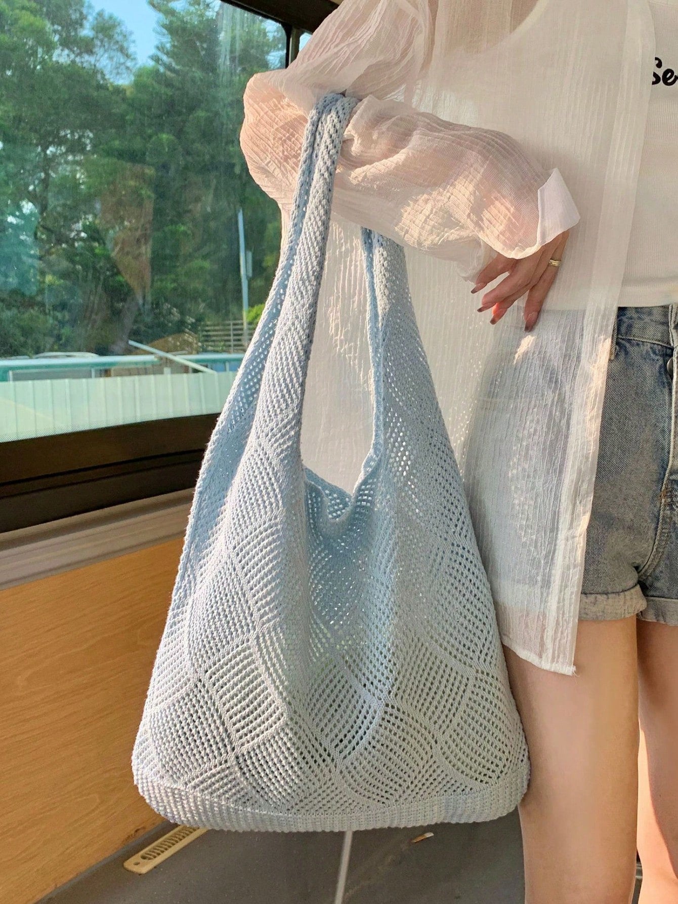 Women Hollow Knitted Shoulder Bag Simple Crochet Handbag Lightweight Casual Hollow Out Pattern Crochet Bag