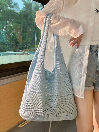 Women Hollow Knitted Shoulder Bag Simple Crochet Handbag Lightweight Casual Hollow Out Pattern Crochet Bag