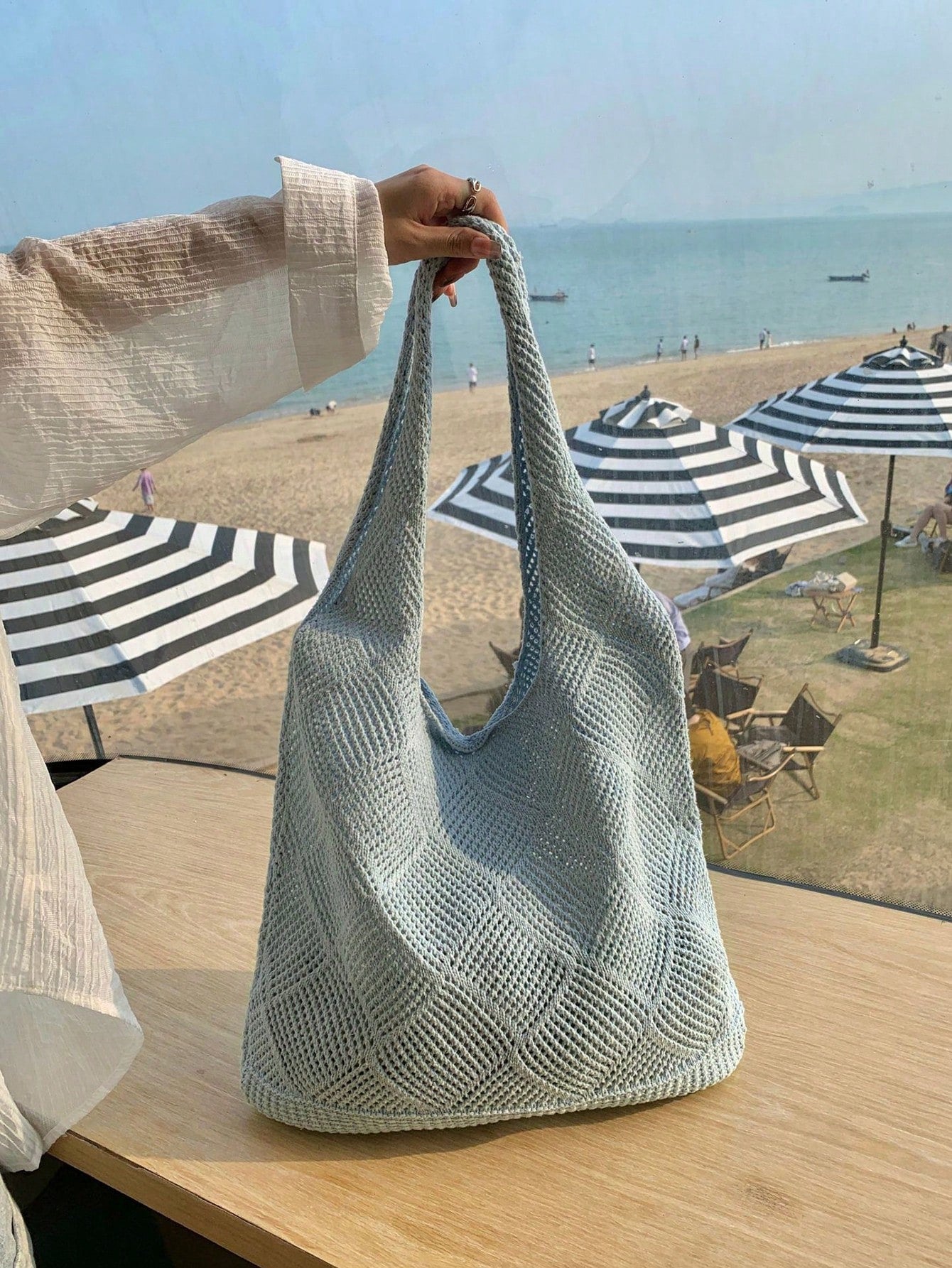 Women Hollow Knitted Shoulder Bag Simple Crochet Handbag Lightweight Casual Hollow Out Pattern Crochet Bag