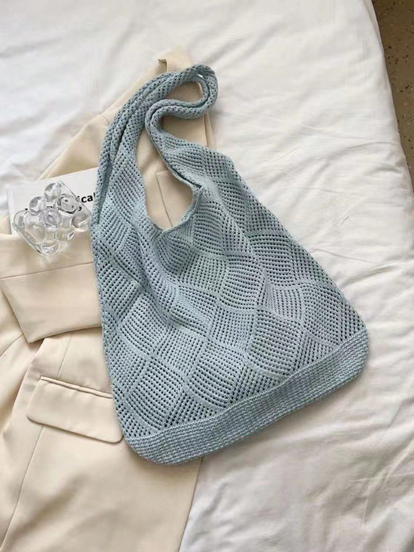 Women Hollow Knitted Shoulder Bag Simple Crochet Handbag Lightweight Casual Hollow Out Pattern Crochet Bag