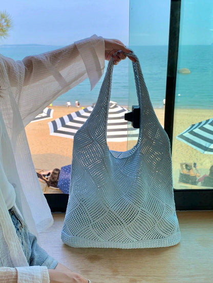 Women Hollow Knitted Shoulder Bag Simple Crochet Handbag Lightweight Casual Hollow Out Pattern Crochet Bag