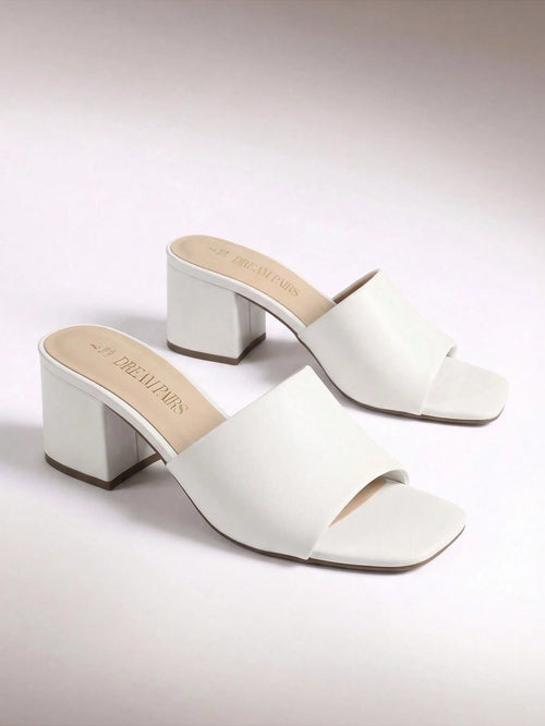 Women Minimalist Chunky Heeled Mule Sandals, Comfortable Slip On Square Open Toe Summer Sandals