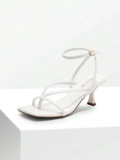 Women Minimalist Low Kitten Heeled Ankle Strap Thong Sandals, Sexy Square Toe Fashion Heeled Sandals