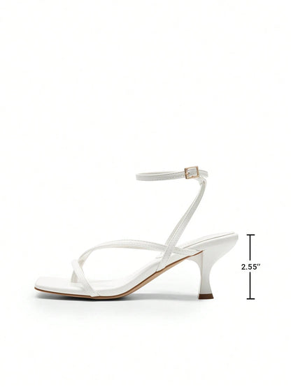 Women Minimalist Low Kitten Heeled Ankle Strap Thong Sandals, Sexy Square Toe Fashion Heeled Sandals