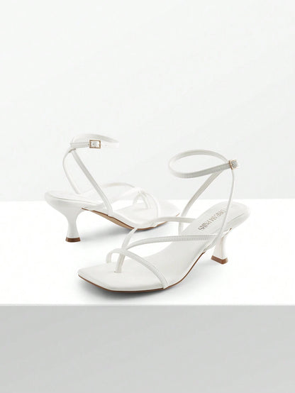 Women Minimalist Low Kitten Heeled Ankle Strap Thong Sandals, Sexy Square Toe Fashion Heeled Sandals