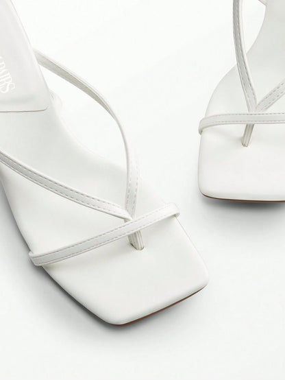 Women Minimalist Low Kitten Heeled Ankle Strap Thong Sandals, Sexy Square Toe Fashion Heeled Sandals