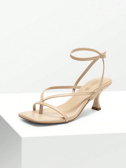 Women Minimalist Low Kitten Heeled Ankle Strap Thong Sandals, Sexy Square Toe Fashion Heeled Sandals