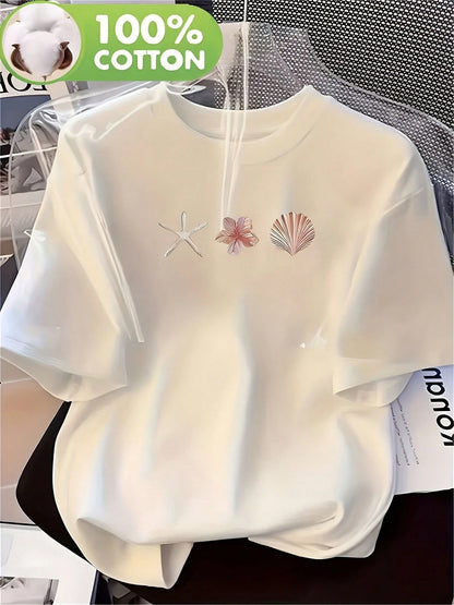 Women's 100% T-Shirt; Casual Short-Sleeve Top; Beach Vacation T-Shirt; Comfortable And Breathable; Women's Crew Neck Short-Sleeve T-Shirt; Suitable