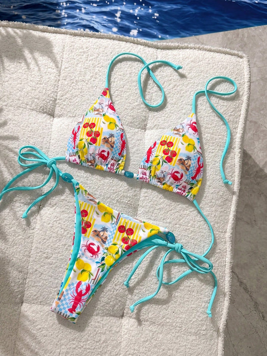 Women's Backless Tie Bikini Set, Decorated With Vibrant Fruit And Lobster Prints, High Elasticity Thong Swim Bottoms, Sexy And Elegant Swimwear