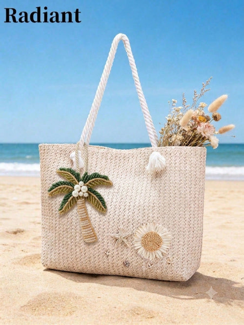 Women's Beach Tote Bag With Palm Tree, Daisy And Starfish Decor, Straw Shoulder Bag For Summer Vacation (Random Pendant Hook)