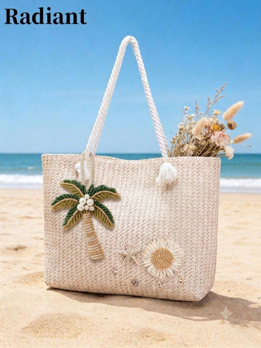 Women's Beach Tote Bag With Palm Tree, Daisy And Starfish Decor, Straw Shoulder Bag For Summer Vacation (Random Pendant Hook)