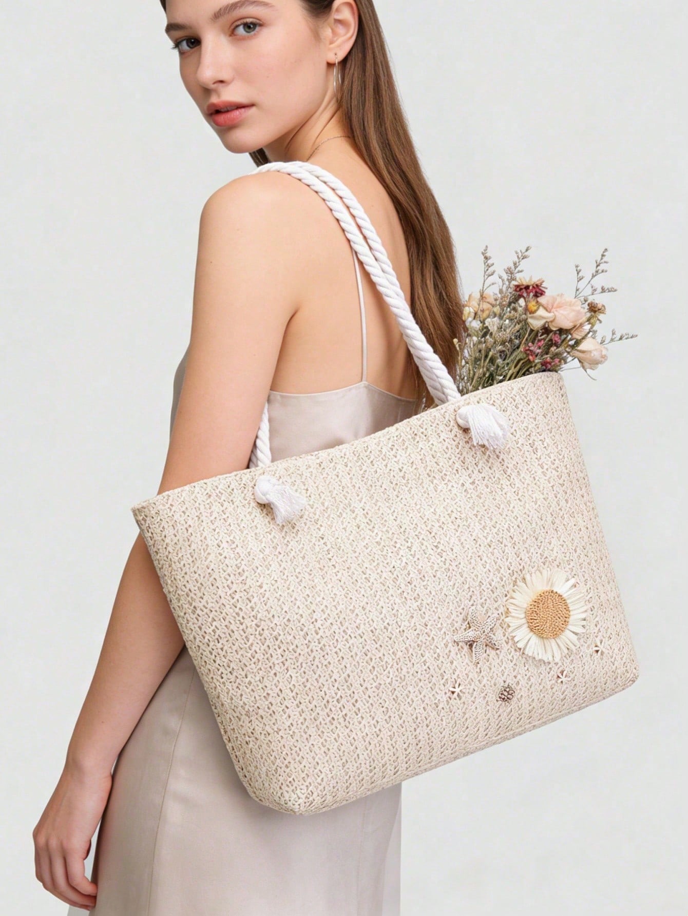 Women's Beach Tote Bag With Palm Tree, Daisy And Starfish Decor, Straw Shoulder Bag For Summer Vacation (Random Pendant Hook)