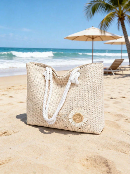 Women's Beach Tote Bag With Palm Tree, Daisy And Starfish Decor, Straw Shoulder Bag For Summer Vacation (Random Pendant Hook)