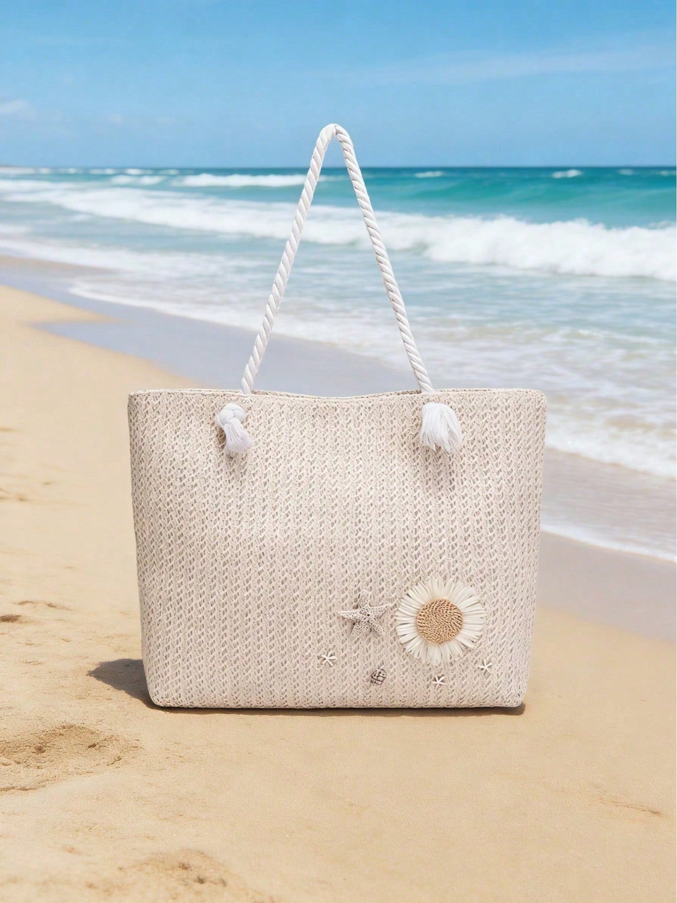 Women's Beach Tote Bag With Palm Tree, Daisy And Starfish Decor, Straw Shoulder Bag For Summer Vacation (Random Pendant Hook)