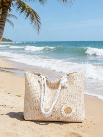 Women's Beach Tote Bag With Palm Tree, Daisy And Starfish Decor, Straw Shoulder Bag For Summer Vacation (Random Pendant Hook)
