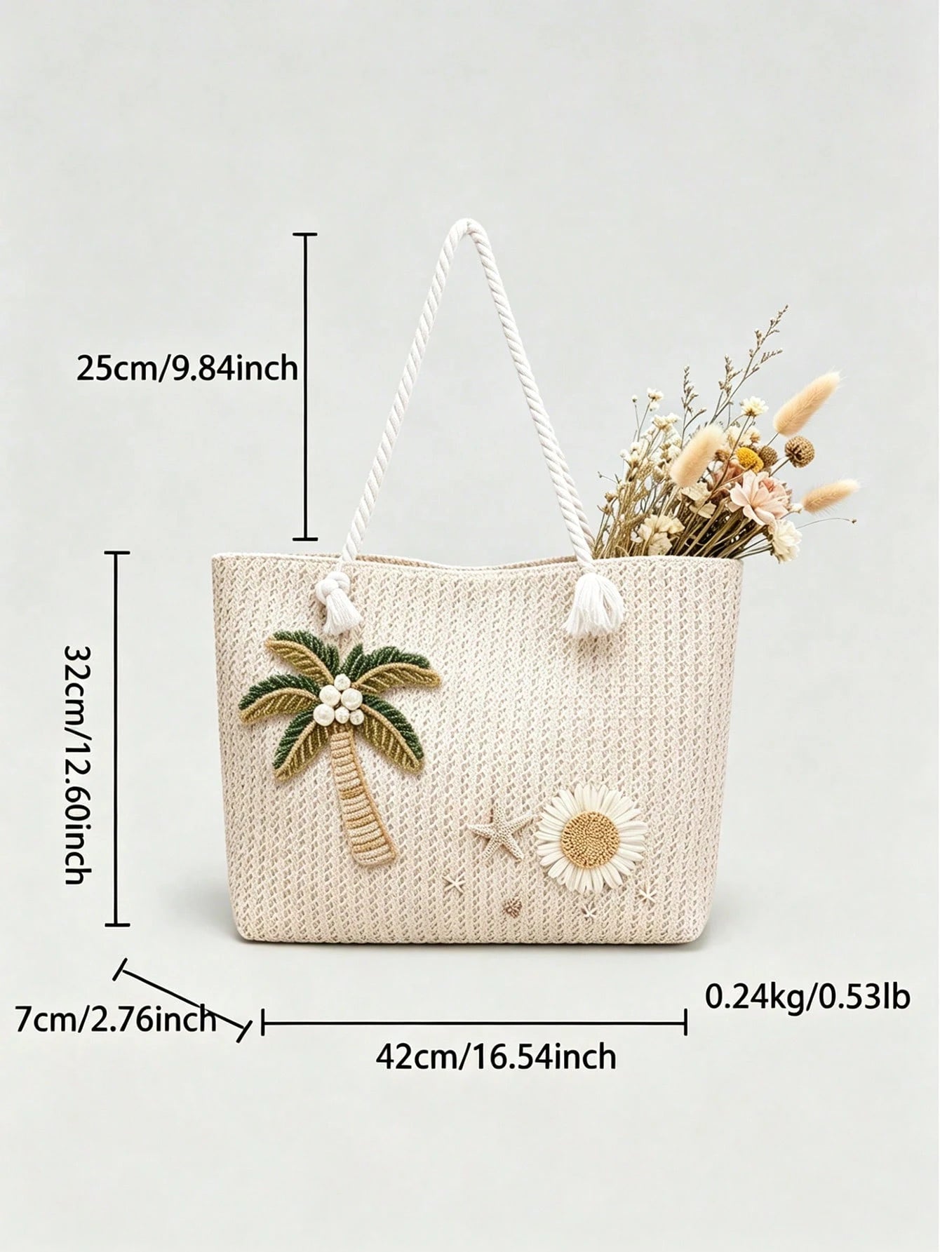 Women's Beach Tote Bag With Palm Tree, Daisy And Starfish Decor, Straw Shoulder Bag For Summer Vacation (Random Pendant Hook)