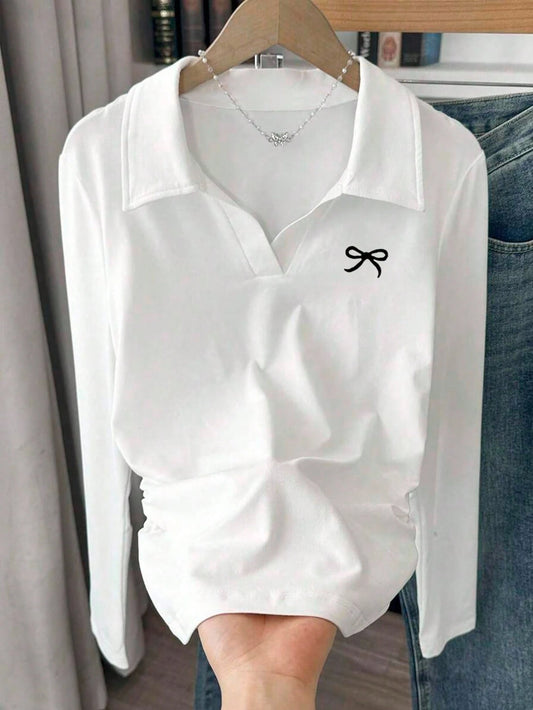 Women's Bow Print White Long Sleeve Pleated Casual T-Shirt Fall Cloth For Women