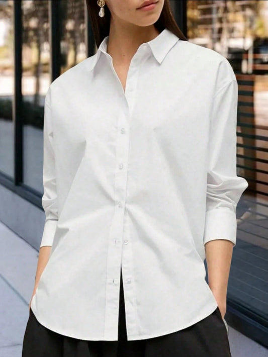 Women's Button-Down Shirt, Classic Fit, Professional Formal Wear, Work, Business, Casual, Long Sleeve Top White