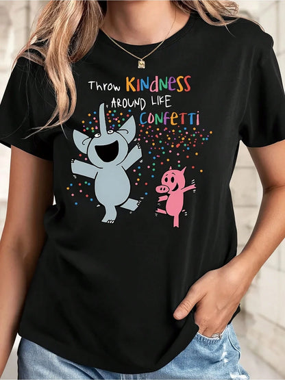 Women'S Cartoon Elephant And Pig Print Casual Blend Round Neck TShirt, Regular Fit, Knitted Fabric, Short Sleeves Suitable For All Seasons, Perfect Gift For Elephant Lovers. Plus Size