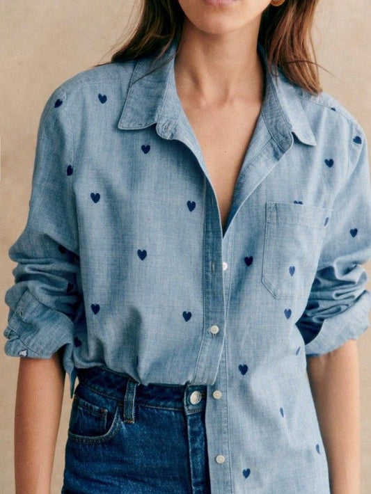 Women's Casual Basic Solid Color Heart Print Long Sleeve Polo Shirt With Pocket, Suitable For Spring, Summer, Autumn Daily Wear