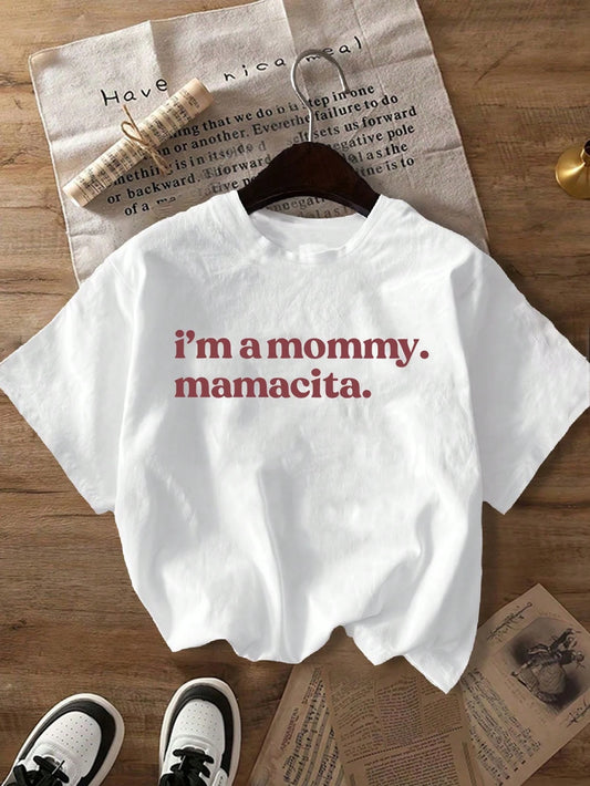 Women's Casual Burgundy "I Am Mama. Mamacita" Printed Short Sleeve T-Shirt, Lightweight & Fashionable Mommy Style, Suitable For Vacation, Summer, Spring White Polka Dot