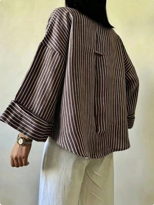 Women's Casual Coffee-Colored Striped Top, Coffee And White Striped Shirt, Classic Shirt Collar, Dropped Shoulder Sleeves, Wrist-Length Sleeves, Suitable For Spring And Autumn Wear.