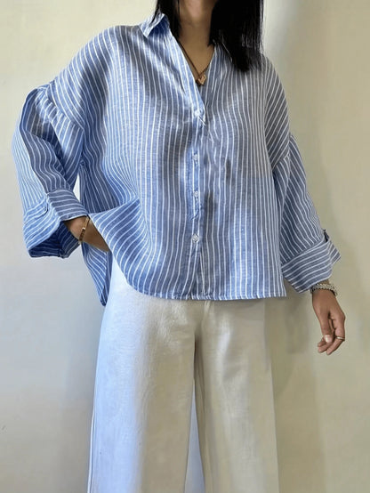 Women's Casual Coffee-Colored Striped Top, Coffee And White Striped Shirt, Classic Shirt Collar, Dropped Shoulder Sleeves, Wrist-Length Sleeves, Suitable For Spring And Autumn Wear.