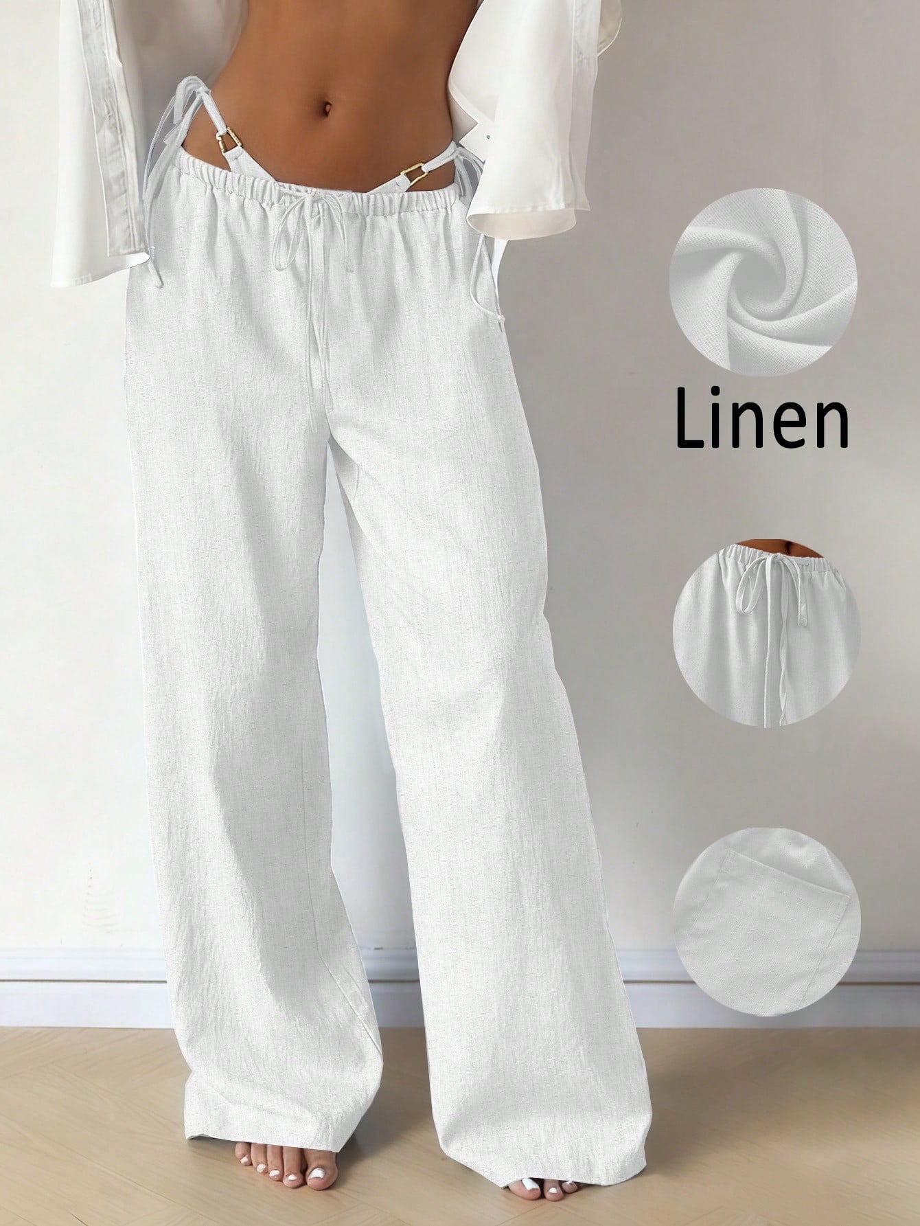 Women's Casual Comfortable Versatile Linen Loose Flowy Wide Leg Pants White Spring, Effortless Style