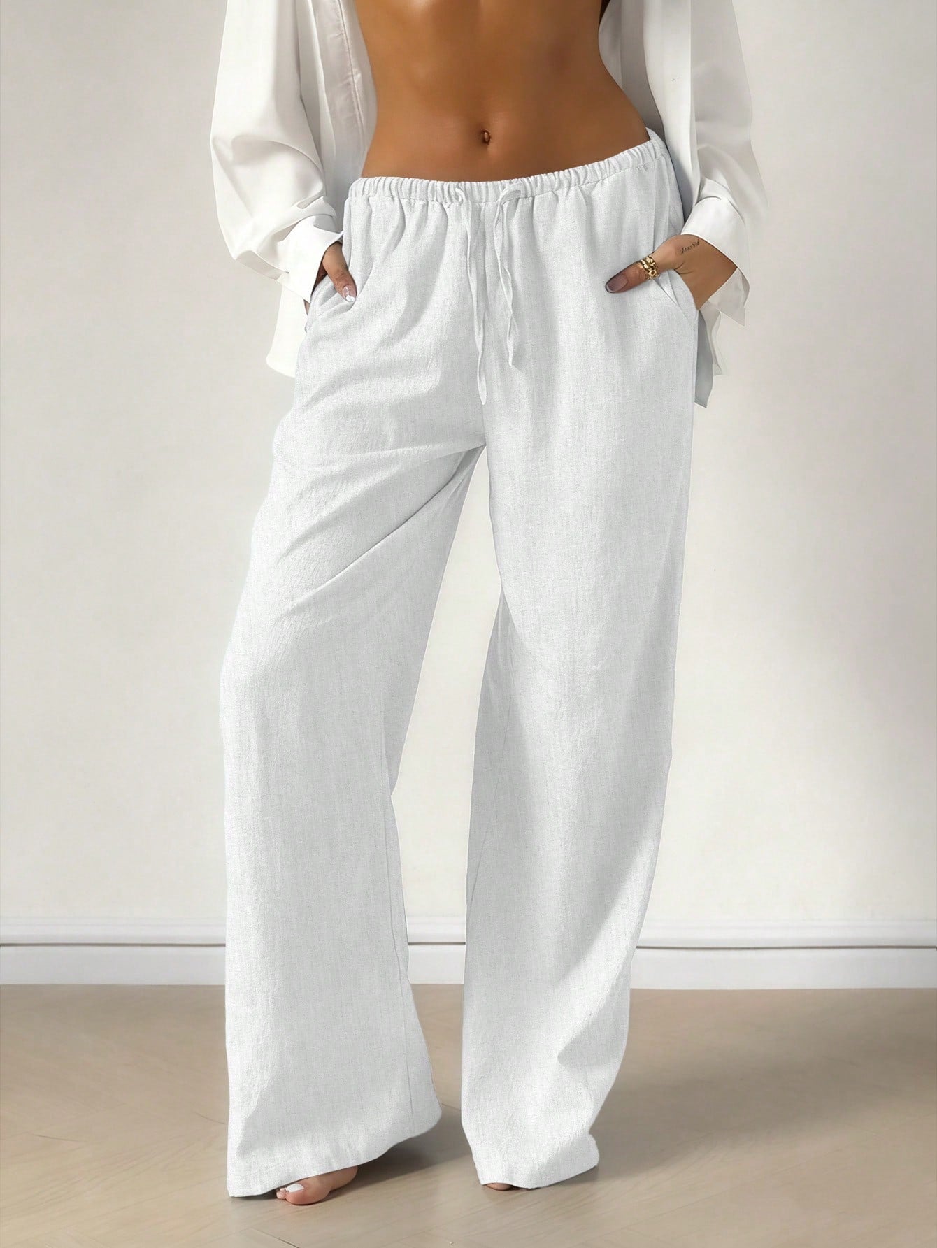 Women's Casual Comfortable Versatile Linen Loose Flowy Wide Leg Pants White Spring, Effortless Style