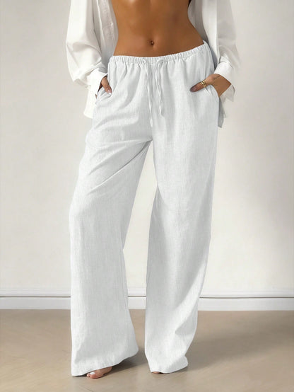 Women's Casual Comfortable Versatile Linen Loose Flowy Wide Leg Pants White Spring, Effortless Style