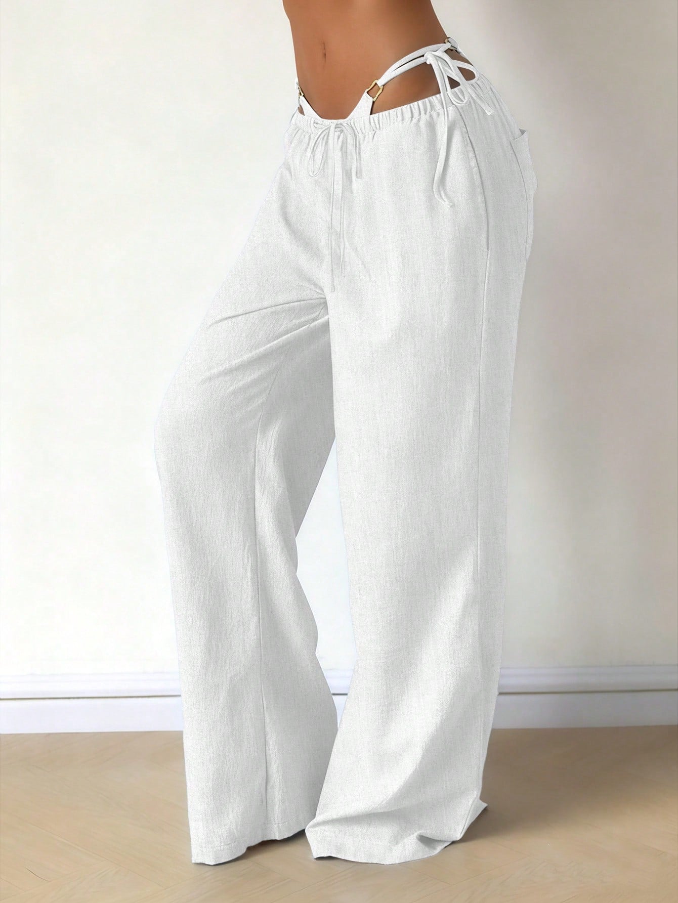 Women's Casual Comfortable Versatile Linen Loose Flowy Wide Leg Pants White Spring, Effortless Style