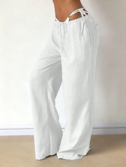 Women's Casual Comfortable Versatile Linen Loose Flowy Wide Leg Pants White Spring, Effortless Style