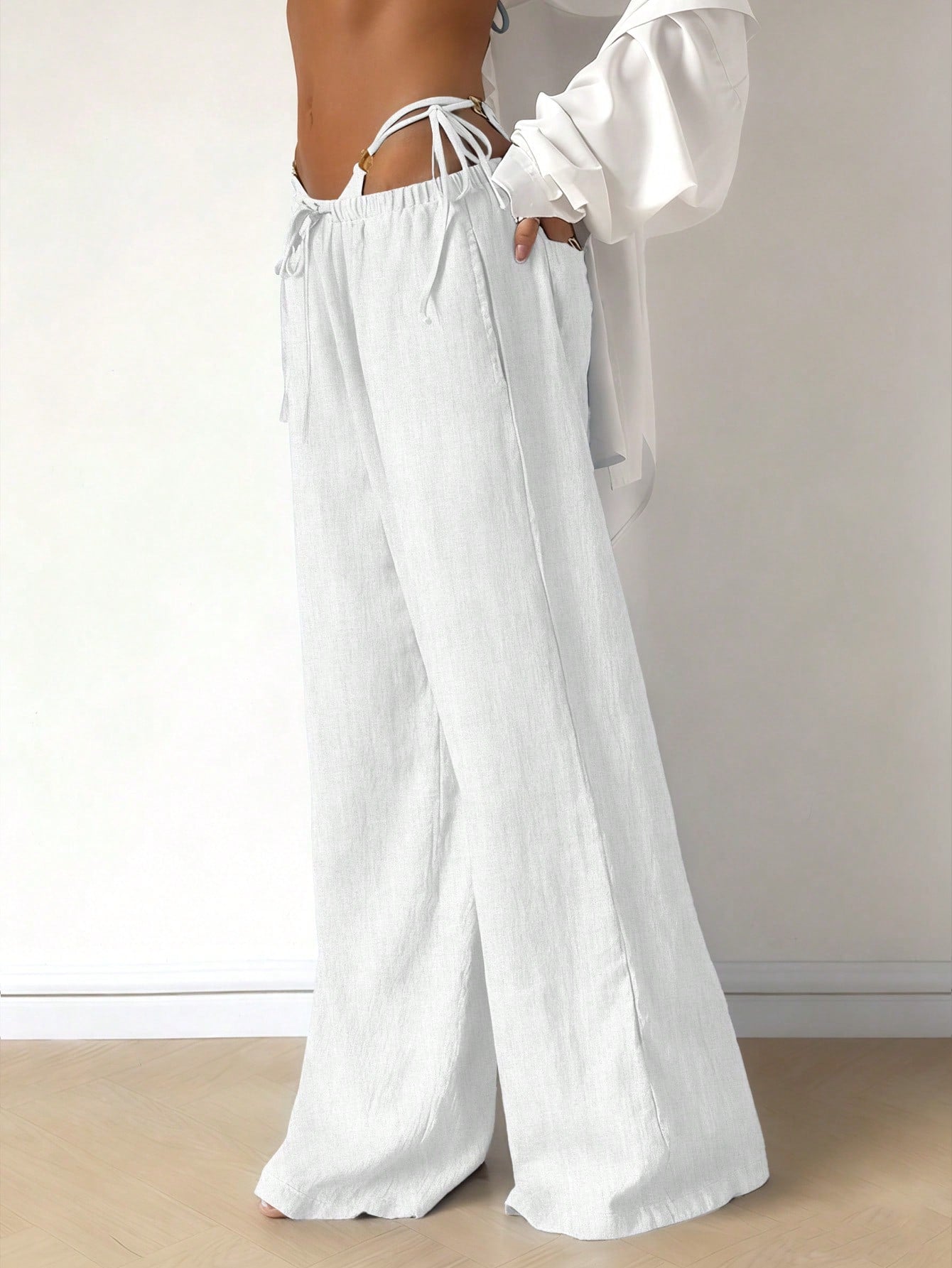 Women's Casual Comfortable Versatile Linen Loose Flowy Wide Leg Pants White Spring, Effortless Style