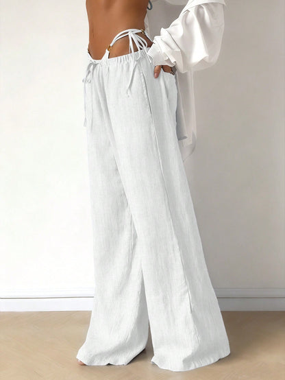 Women's Casual Comfortable Versatile Linen Loose Flowy Wide Leg Pants White Spring, Effortless Style