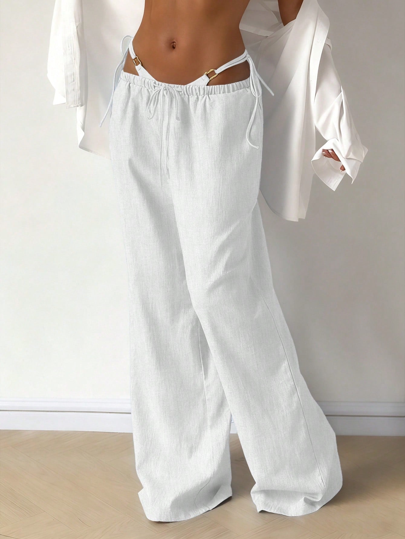 Women's Casual Comfortable Versatile Linen Loose Flowy Wide Leg Pants White Spring, Effortless Style