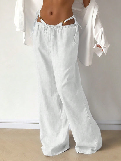 Women's Casual Comfortable Versatile Linen Loose Flowy Wide Leg Pants White Spring, Effortless Style