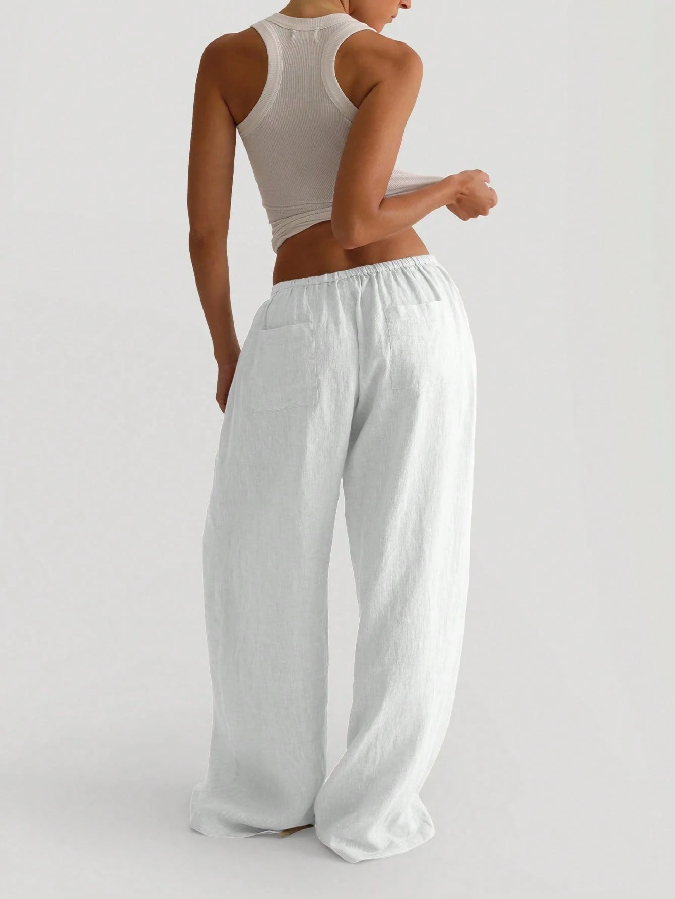 Women's Casual Comfortable Versatile Linen Loose Flowy Wide Leg Pants White Spring, Effortless Style
