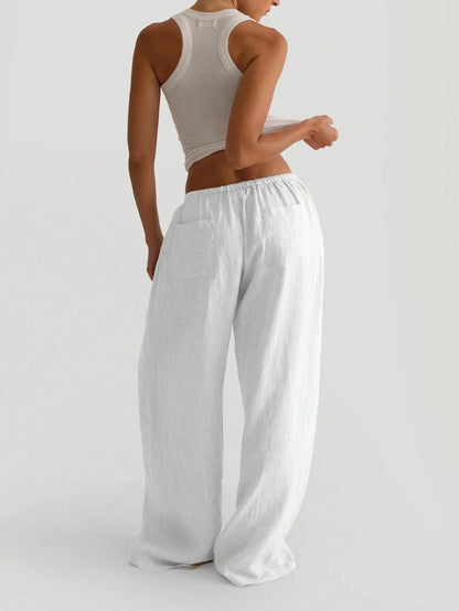 Women's Casual Comfortable Versatile Linen Loose Flowy Wide Leg Pants White Spring, Effortless Style