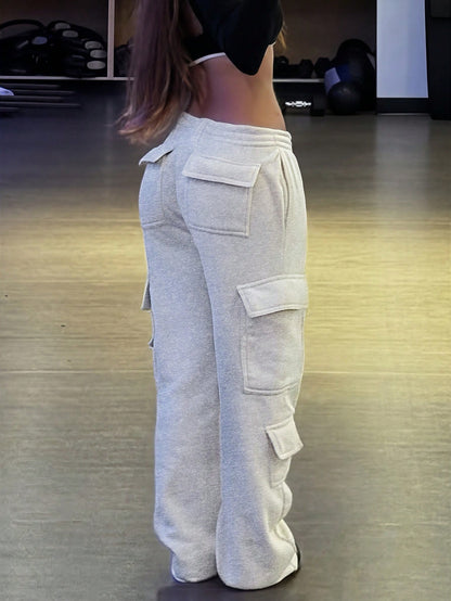 Women's Casual Jogger Pants With Multiple Pockets, Streetwear Daily Wear, Elastic Waist, Grey Knit Fabric, Athleisure Fall