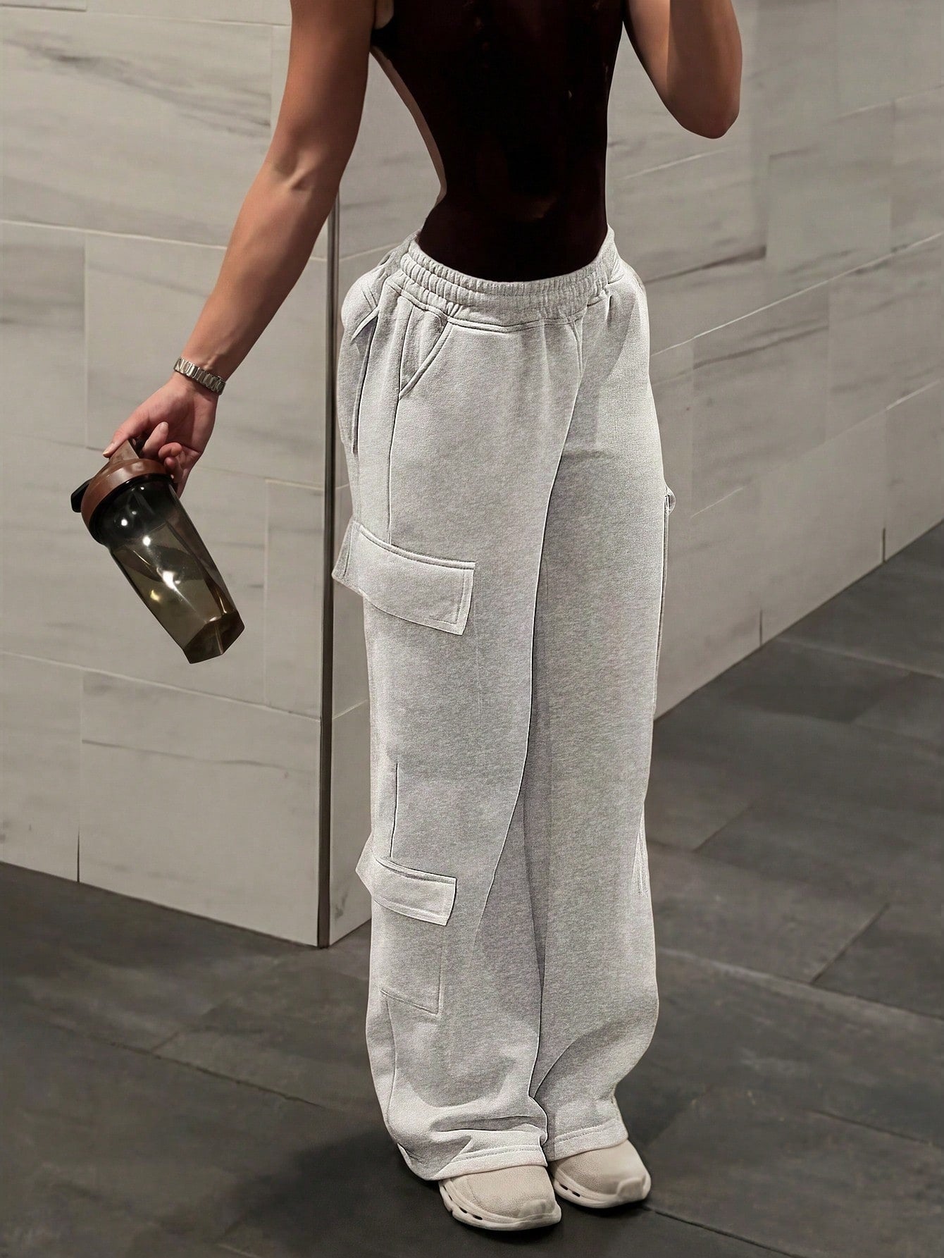 Women's Casual Jogger Pants With Multiple Pockets, Streetwear Daily Wear, Elastic Waist, Grey Knit Fabric, Athleisure Fall