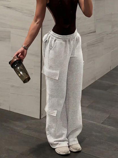 Women's Casual Jogger Pants With Multiple Pockets, Streetwear Daily Wear, Elastic Waist, Grey Knit Fabric, Athleisure Fall