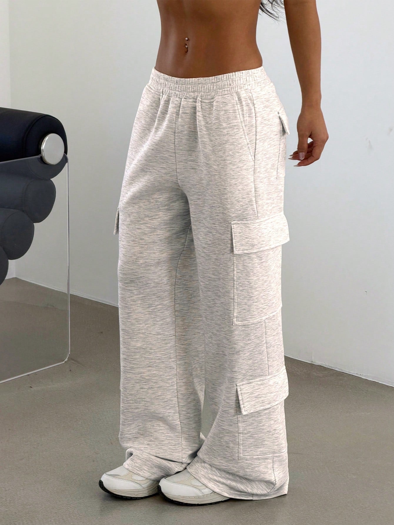 Women's Casual Jogger Pants With Multiple Pockets, Streetwear Daily Wear, Elastic Waist, Grey Knit Fabric, Athleisure Fall