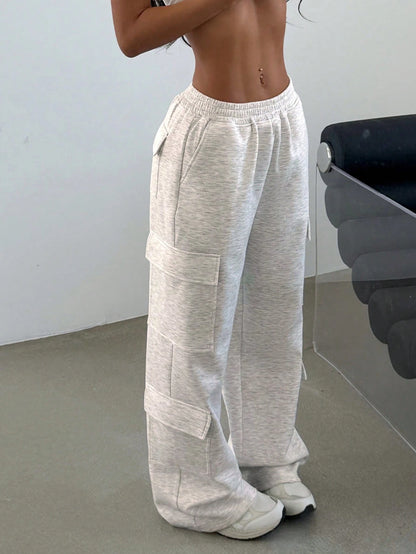 Women's Casual Jogger Pants With Multiple Pockets, Streetwear Daily Wear, Elastic Waist, Grey Knit Fabric, Athleisure Fall