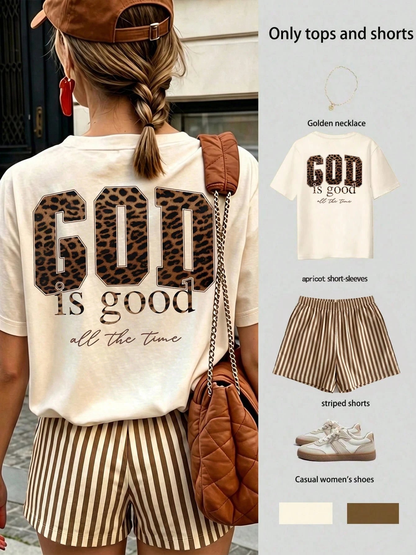 Women's Casual Leopard Print "Good Is Good" T-Shirt And Striped Shorts 2-Piece Set, Summer Holiday Outfit Elegant