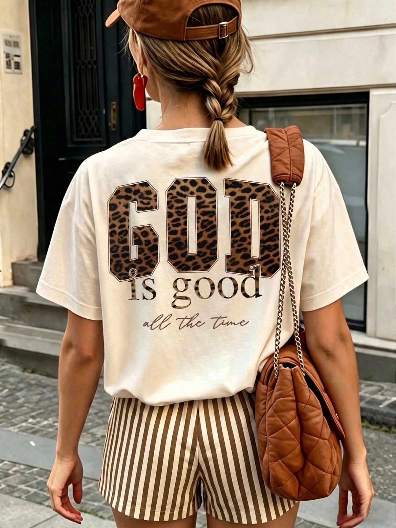 Women's Casual Leopard Print "Good Is Good" T-Shirt And Striped Shorts 2-Piece Set, Summer Holiday Outfit Elegant