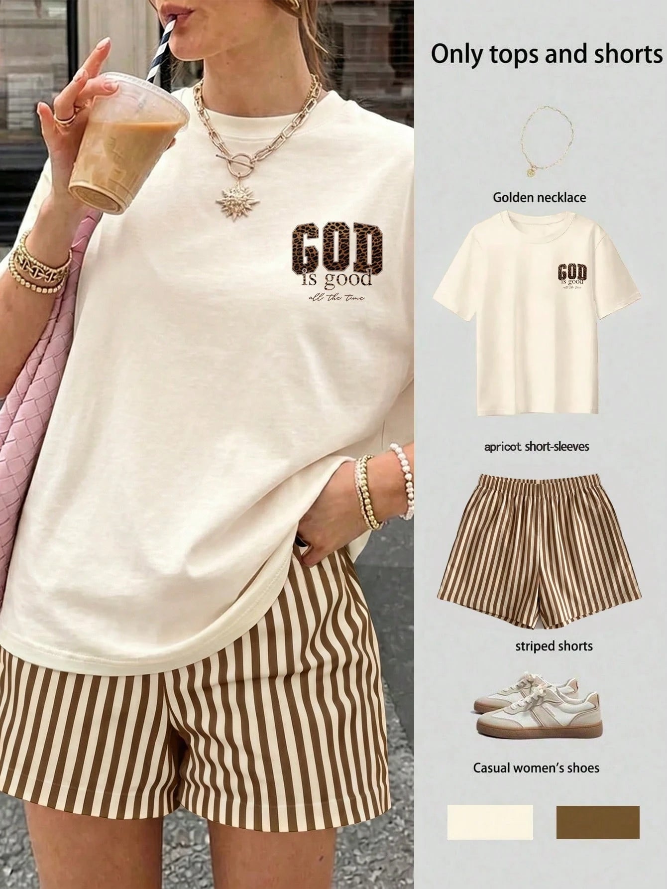 Women's Casual Leopard Print "Good Is Good" T-Shirt And Striped Shorts 2-Piece Set, Summer Holiday Outfit Elegant