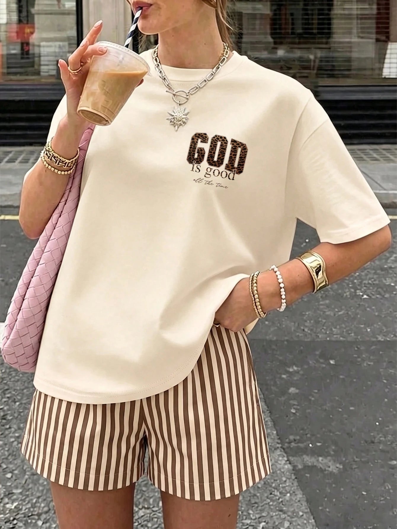 Women's Casual Leopard Print "Good Is Good" T-Shirt And Striped Shorts 2-Piece Set, Summer Holiday Outfit Elegant